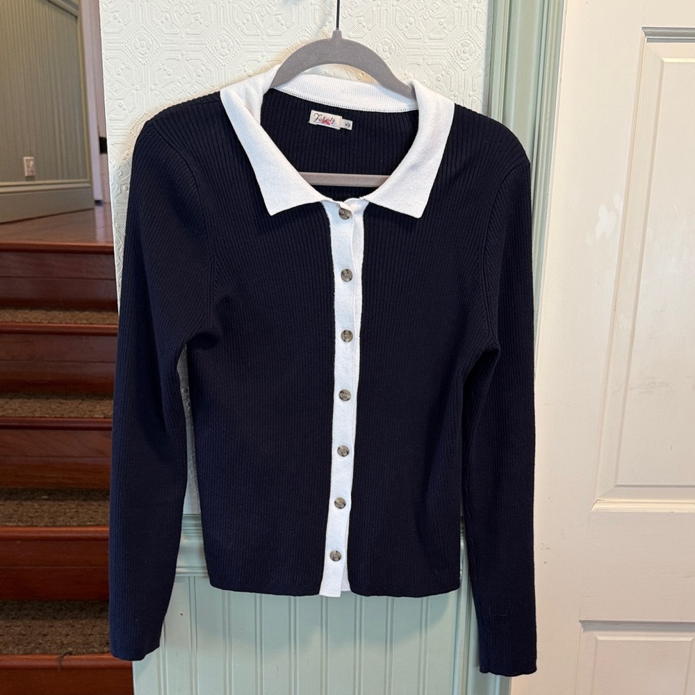 Faherty Navy and White Button-Up Cardigan